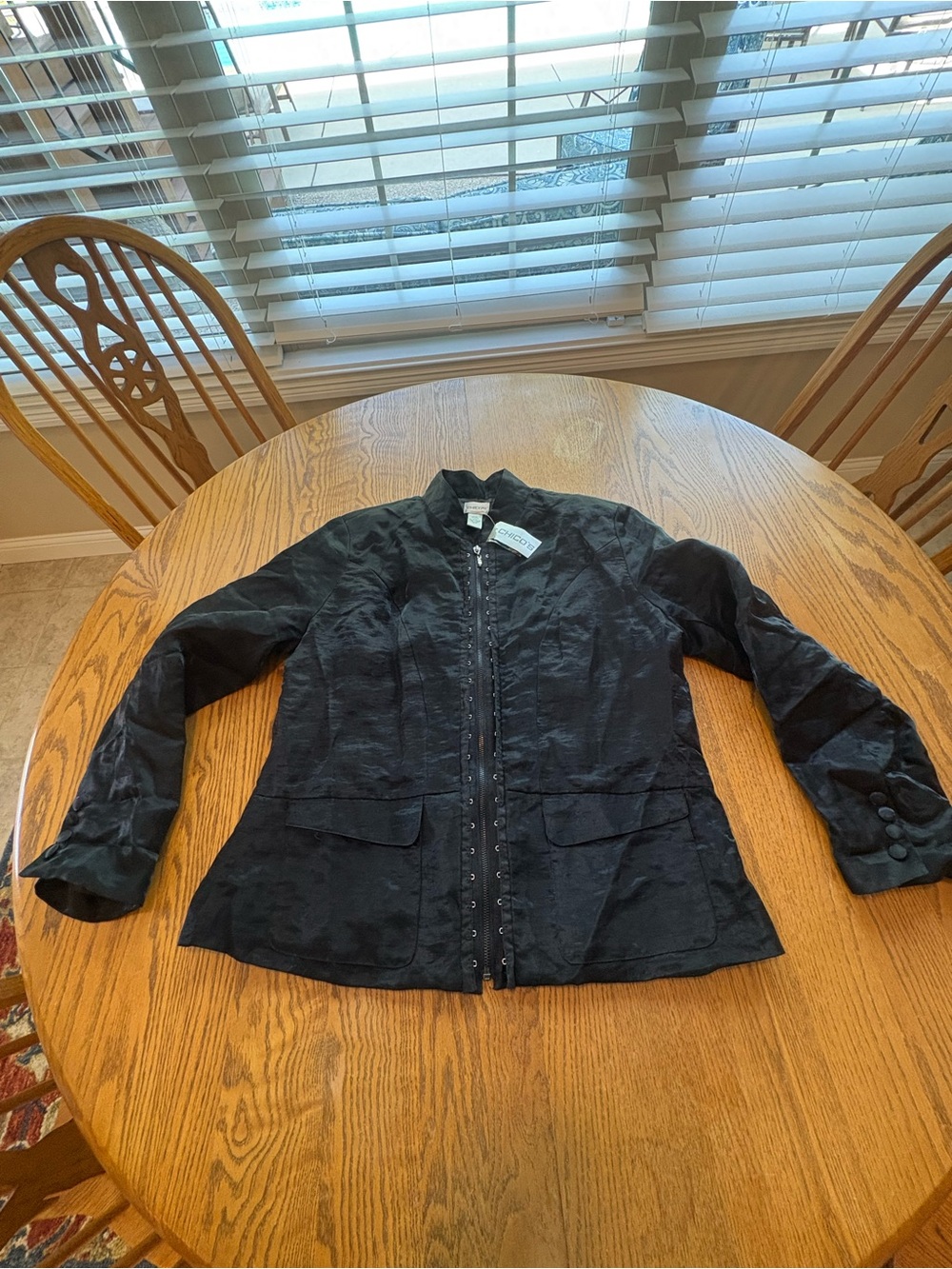 Chicos NWT Neva Hooked Jacket Black Shimmer Linen Blend Size 2 Full Zip L